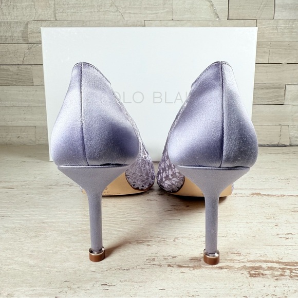 Manolo Blahnik Hangisi Size 38 Lace 70MM Pumps Heels Lilac Periwinkle $1245 New - Picture 9 of 15